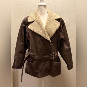 WINLIT GENUINE LEATHER JACKET BROWN BELTED SHERPA QUILTED SZ M